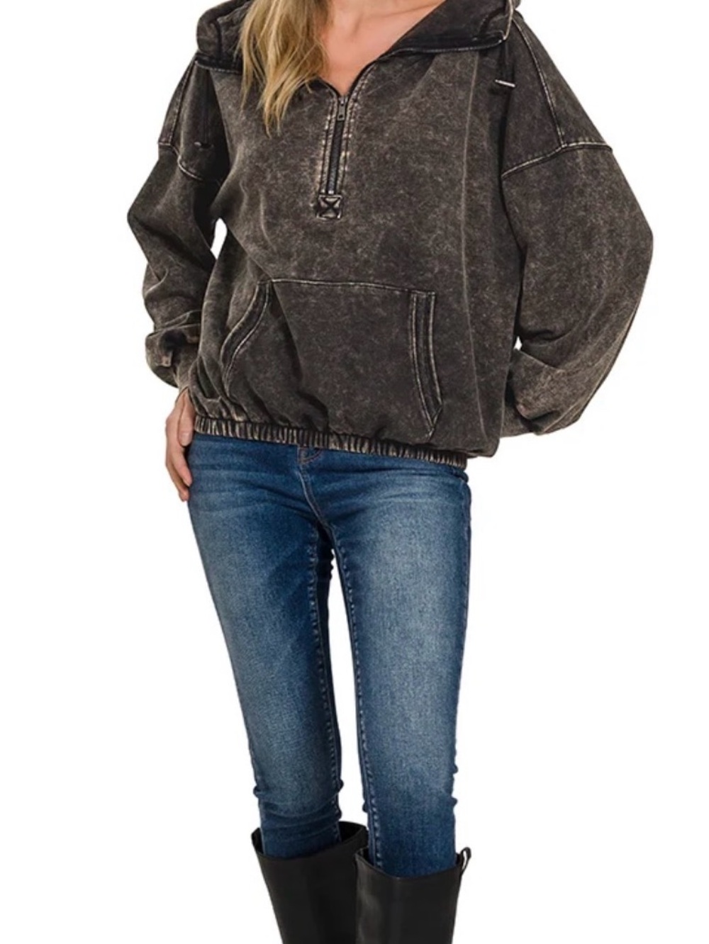 NEW Zenana Outfitters Washed Charcoal Half-Zip Hoodie - Picture 1 of 2